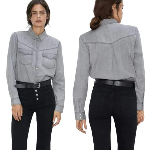 ZARA Denim Chambray Long Sleeve Button Down Shirt with Pockets Gray Size S - Picture 1 of 9